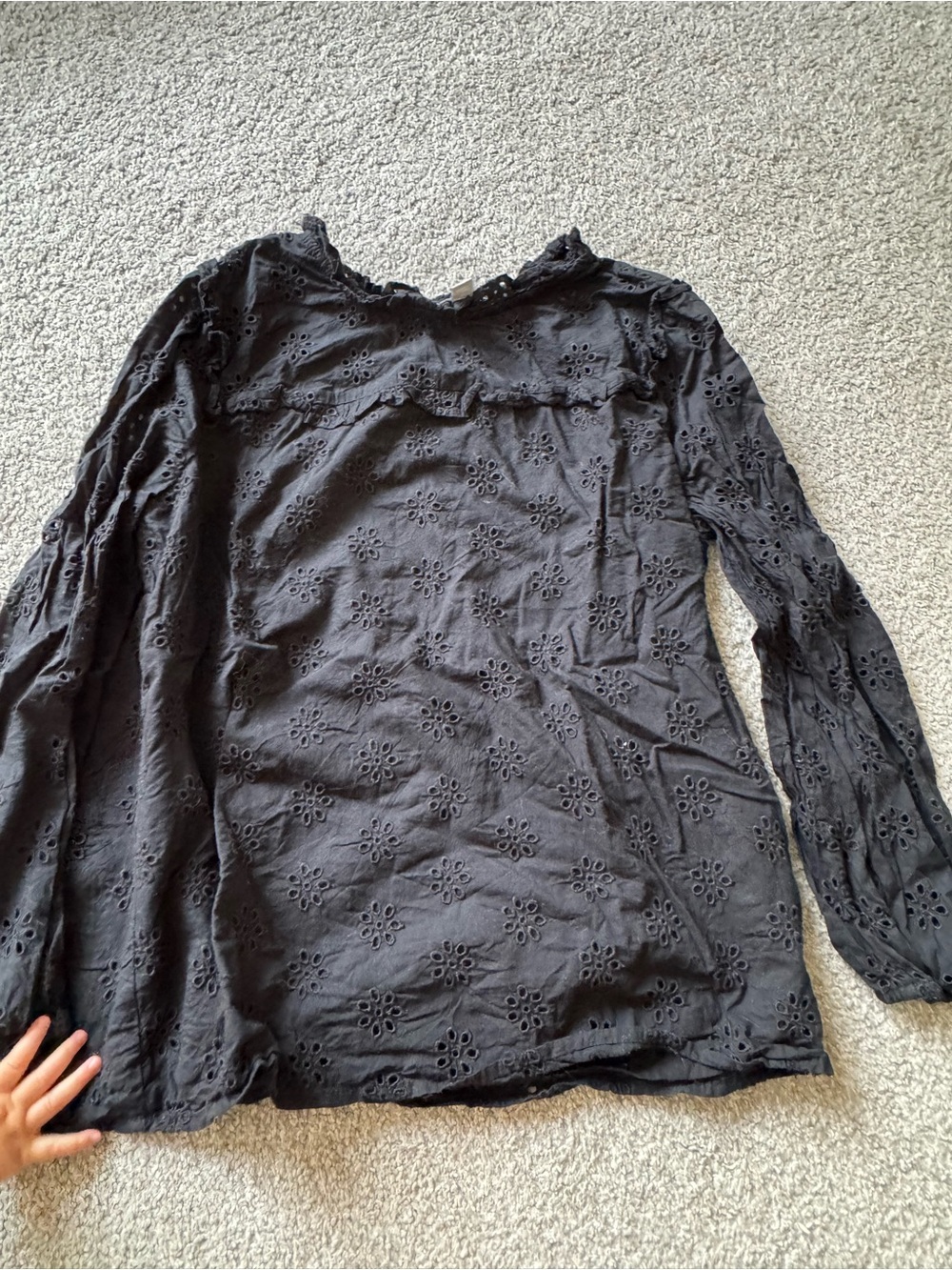 J. Crew Black Floral Eyelet Ruffle Yoke Long-Sleeve Top